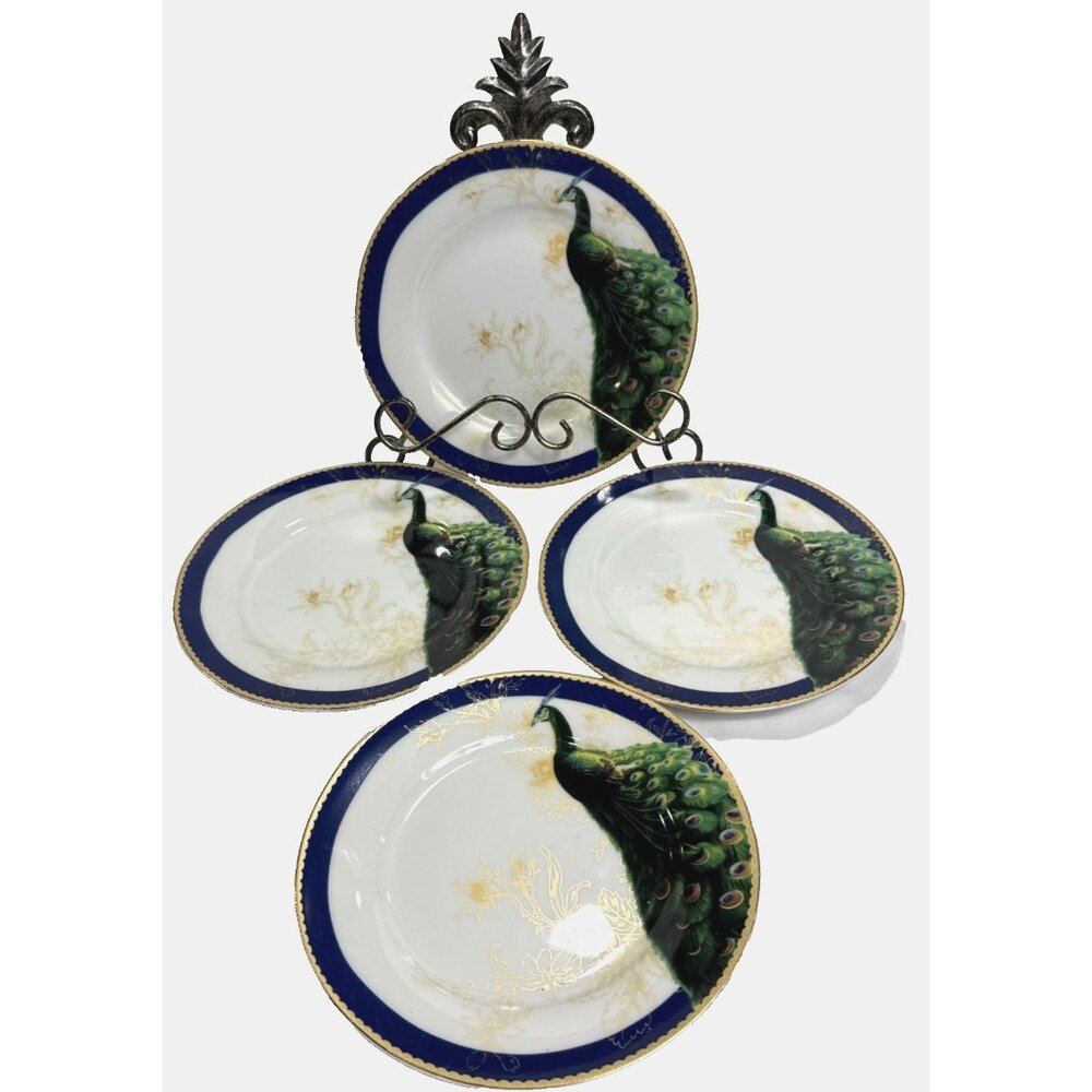 4 Savoy Home Cobalt Blue Peacock Salad Plate Stoneware  7.5'
